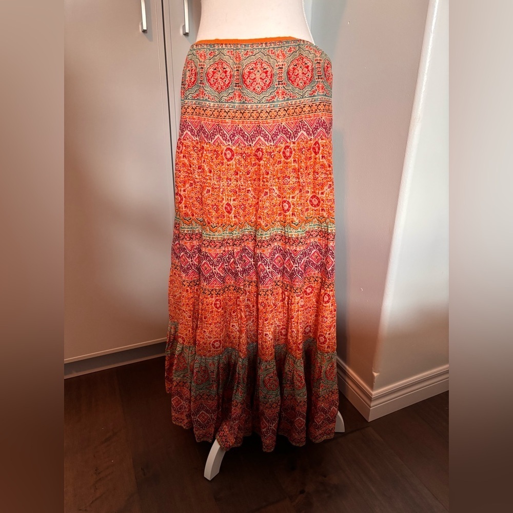Ralph Lauren Vibrant Orange and Green Bohemian Maxi Skirt